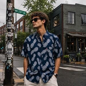 Levis Mens Pineapple Print Button Up Shirt Navy Blue Short Sleeve Cotton‎ Large
